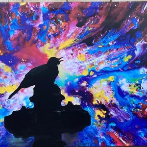 Druck auf Leinwand/Mixedmedia/Amsel singt/Vogel Silhouette