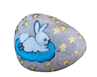 Painted stone with rabbit on a cloud/gift/decoration