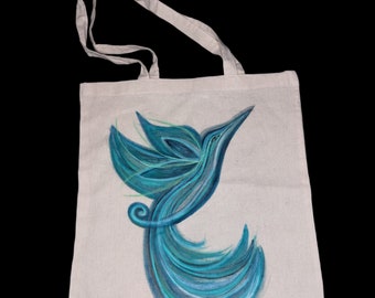 Bolso de tela de algodón pintado/bolso tote/pájaro/colibrí/azul/bolso de tela