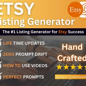 Könnte beinhalten: Ein digitales Produkt für Etsy-Verkäufer mit einer Checkliste von Vorteilen wie lebenslangen Updates, Null-Prompt-Drift, Anleitungsvideos und perfekten Prompts. Das Produkt wird als Listing-Generator für Etsy-Erfolg beschrieben und ist mit fünf Sternen als "Handgefertigt" gekennzeichnet.