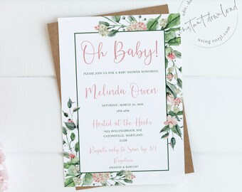 Könnte beinhalten: Babyparty-Einladung mit floralen Akzenten. Die Einladung zeigt den Text "Oh Baby!" in einem zarten Rosa, zusammen mit den Veranstaltungsdetails. Das Design umfasst einen grünen Rahmen und florale Illustrationen auf weißem Hintergrund.