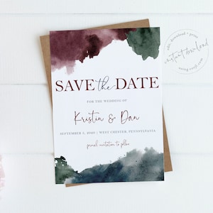 Jewel Tone Watercolor Save the Date, Wedding Announcement, Save the Date Cards, Instant Download, Printable Invite, Editable Card, 5x7