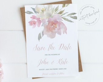 Dusty Rose Floral Watercolor Save the Date, Wedding Announcement, Save the Date Card, Instant Download, Printable Invite, Editable Card, 5x7