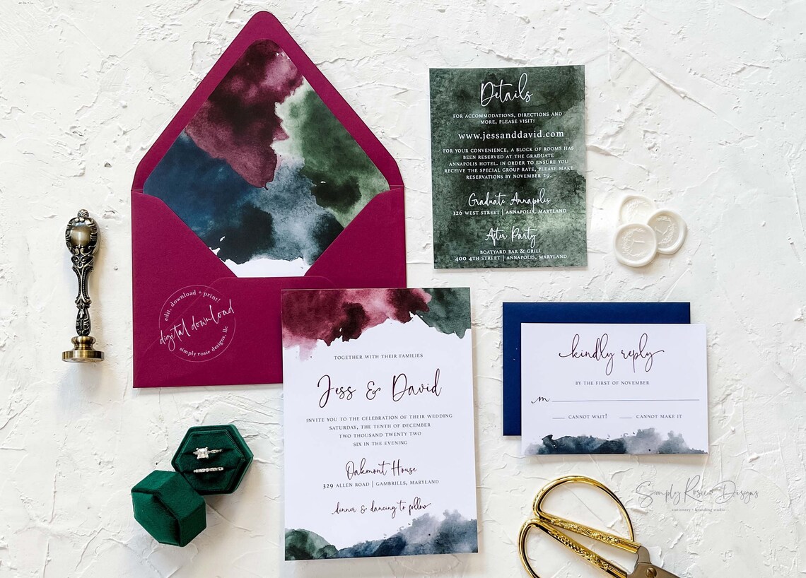 Jewel Tone Wedding Invitation Jewel Toned Invitation Wedding Etsy
