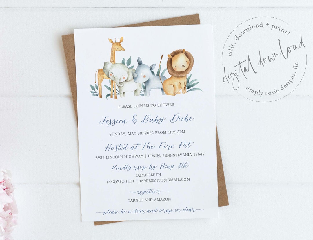 Safari Animal Baby Shower Invitation, Animal Baby Shower Invitation
