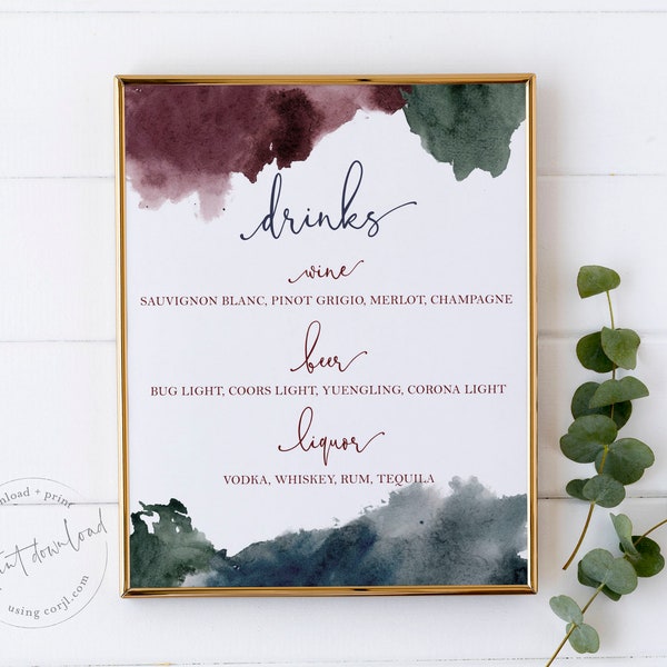 Jewel Tone Watercolor Bar Sign, Watercolor Bar Menu Sign, Wedding Sign, Bar Menu, Instant Download, Editable Template, 8x10