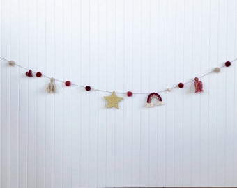 Pom pom garland, boho garland, tassel garland, rainbow, hygge garland, pom pom wall hanging, nursery decor, boho wall decor, babyshower gift