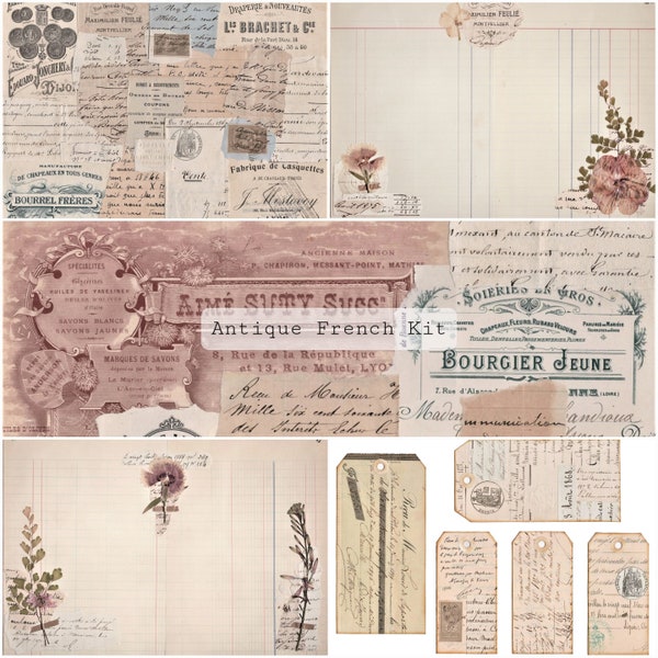 Antique French Junk Journal Kit | Collaged Receipts, Ledgers, Tags | Pressed Flowers