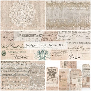 Puede incluir: Un paquete de papel digital de inspiración vintage con un collage de imágenes con encaje, texto escrito a mano y patrones florales. El texto incluye las palabras "Ledger and Lace Kit" y "Fabrique de Soieries".