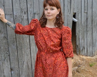 1960s//Rust Colored Dress//Medium//Rayon//Spotted//Midi