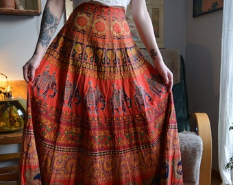 Indian Block Printed Full Lenght Cotton Skirt Peacock Elephant