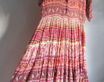 Indian Gauze Dress//Short Sleeve//Cotton Block Print//Pink Boho//Handmade