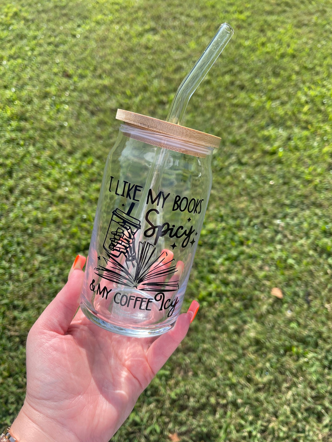 Spicy Books & Icy Coffee Can Glass Cup 16 Oz Libbey Glass Coffee Cup Aesthetic 16 Oz Glass Book