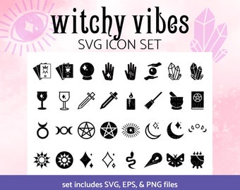 Witchy Vibes SVG Icon Set | Magical Vector Set | Tarot, Palm Reading Symbols | Moon Phase Celestial Icons | Witchcraft Clipart