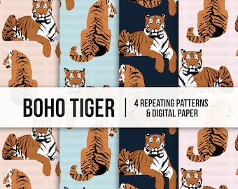 Tiger Digital Paper Seamless Pattern Set, Set of 4 Colors, Jungle Surface Pattern Design, Boho Pattern, Repeating Pattern Design