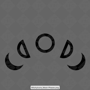May include: Black and white illustration of the eight phases of the moon. The moon phases are depicted as a crescent, half moon, full moon, and waning crescent.
