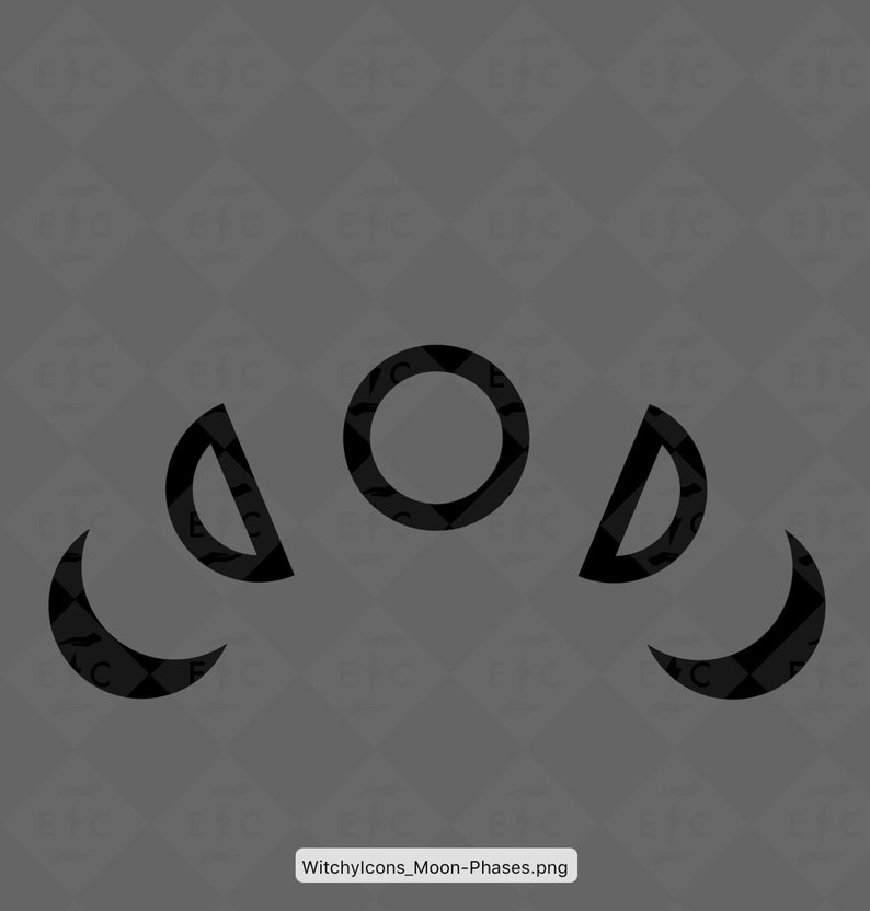 May include: Black and white illustration of the eight phases of the moon. The moon phases are depicted as a crescent, half moon, full moon, and waning crescent.
