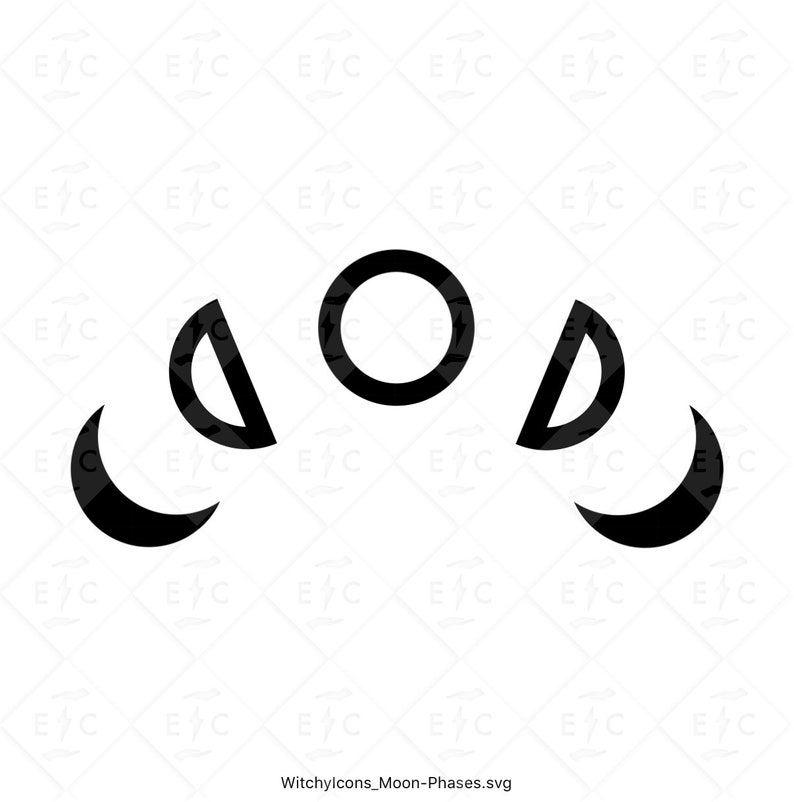 May include: Black and white illustration of the phases of the moon, starting with a new moon and ending with a full moon.
