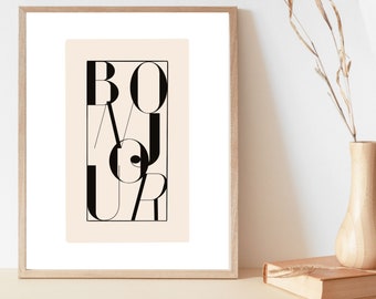 Bonjour Art Print | French Quote Wall Art | Typography Print | French Word Art Print | Quote Poster | Simple Elegant Print | Word Line Art