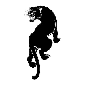 Pode incluir: Silhueta preta de uma pantera com a cauda enroscada ao redor do seu corpo. A pantera está olhando para a esquerda e tem a boca aberta em um rosnado.