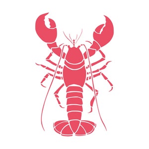 May include: A graphic illustration of a red lobster against a white backdrop. The lobster is presented in a simplified, graphic style, featuring large claws, a segmented body, and long antennae. The design is clean and modern, suitable for various uses.