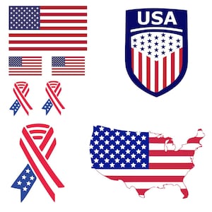 May include: A collection of patriotic images featuring the American flag in various designs, including a shield with the word "USA" and a map of the United States.