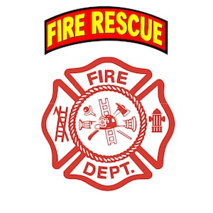 May include: Red and white fire department emblem with the words "FIRE DEPT." and a rope design. The emblem includes a fire helmet, axe, ladder, and fire hydrant.