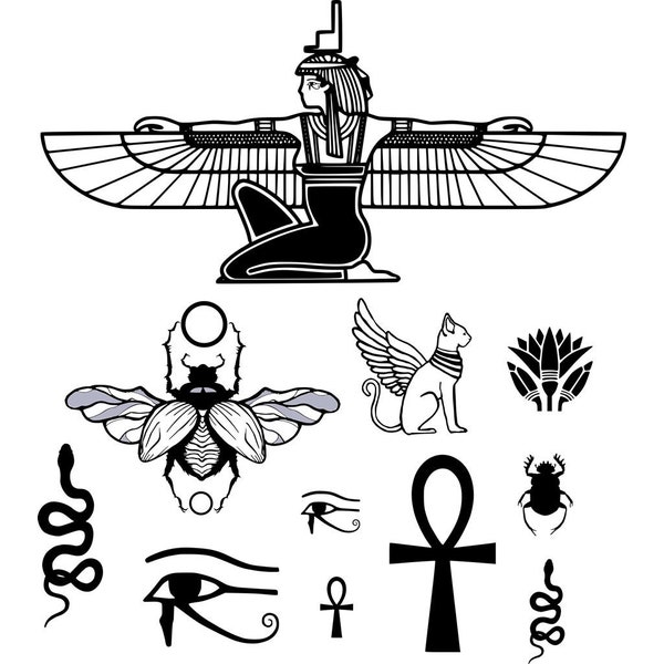 Ensemble de 11 tatouages temporaires égyptiens, déesse ISIS, scarabée, oeil d'Horus ankh