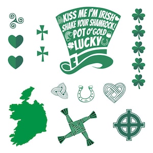 Set von 17 x Irische Tattoo Irland Landkarte Kleeblatt Kobold Hut Kreuz Glück Symbole