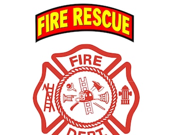 Set of 2 Fire rescue Iron on Screen Print Transfers for Fabrics Machine Washable Fire Department Badge patch