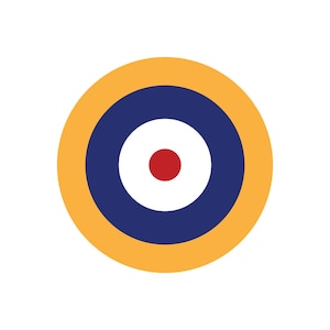 May include: A round target with concentric circles in red, white, and blue. The center circle is red, surrounded by a white circle, then a blue circle, and finally a yellow outer circle.