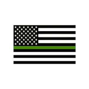 May include: Black and white American flag with a green stripe across the middle.