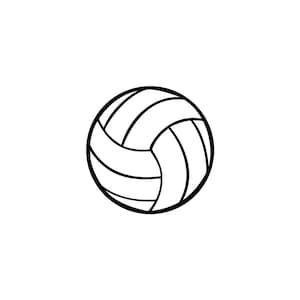 May include: A black and white line drawing of a volleyball.