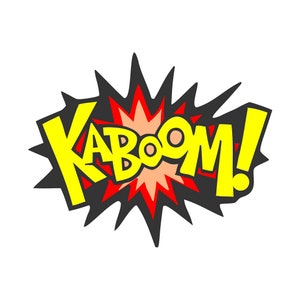 Puede incluir: Gráfico de estilo cómic con la palabra "KABOOM!" en amarillo, delineada en negro. El texto está dentro de una forma de estrella negra con acentos rojos y melocotón, sobre un fondo blanco.