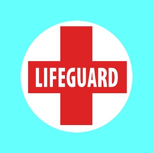 May include: A white circle with a red cross in the centre. The words "LIFEGUARD" are written in white letters on the red cross.
