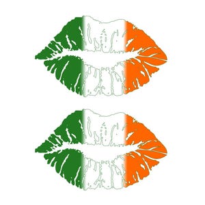 May include: Two kiss prints in the colours of the Irish flag: green, white, and orange. The lips are outlined in white, with the green on the left side, white in the middle, and orange on the right side. The background is white.