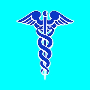May include: A blue medical symbol with a snake wrapped around a staff with wings at the top.