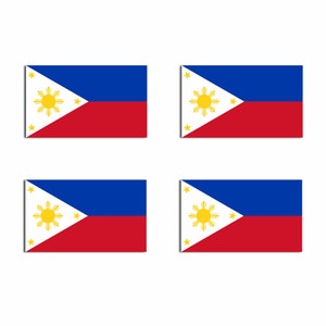 May include: Four small rectangular flags of the Philippines. Each flag has a blue upper triangle with a yellow sun and three yellow stars. The lower triangle is red.