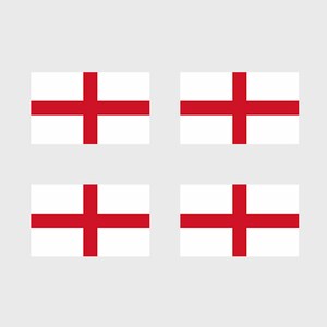 Könnte beinhalten: Vier weiße Flaggen mit einem roten Kreuz, die die Flagge Englands darstellen.