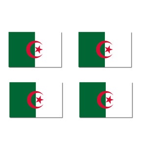May include: Four identical stickers featuring the flag of Algeria. The flag is green with a white crescent moon and a red five-pointed star.