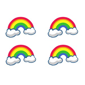 May include: Four colourful rainbows with white clouds on a white background. Each rainbow has red, orange, yellow, green, blue, indigo, and violet stripes.