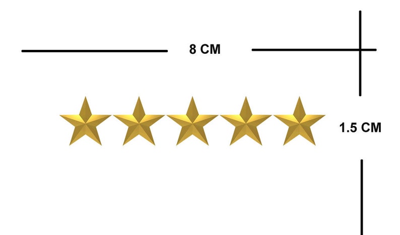 Puede incluir: Cinco pegatinas de estrellas doradas, cada una con un di&aacute;metro de 1,5 cm, dispuestas en fila. Las pegatinas est&aacute;n sobre un fondo blanco. El texto "8 CM" est&aacute; escrito encima de las pegatinas.