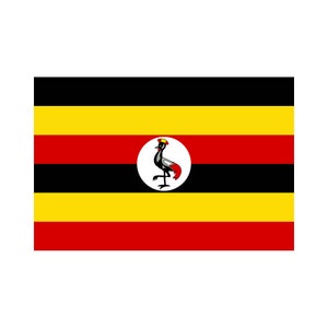 Könnte beinhalten: Die Flagge von Uganda zeigt ein horizontales Streifenmuster in Schwarz, Gelb und Rot. Ein weißer Kreis mit einem grauen Kranich mit Krone befindet sich in der Mitte des mittleren Streifens.