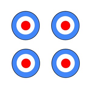 May include: Four circular designs with a red center, white ring, and blue outer ring, set against a white background. The design is reminiscent of a target or a stylized emblem.