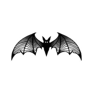 Peut inclure: Silhouette noire d'une chauve-souris avec les ailes déployées. La chauve-souris a un motif d'aile détaillé et à motifs.