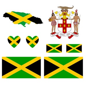 Lot de 8 x Drapeau de la Jamaïque thermocollant sur transfert pour tissu Carte du cœur jamaïcain Crest