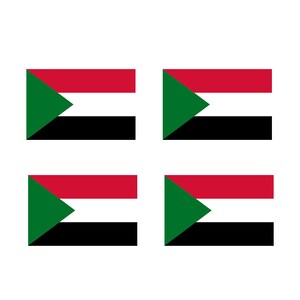 May include: Four identical flags of Sudan. Each flag is a horizontal tricolor of black, red, and green, with a green triangle at the hoist side.