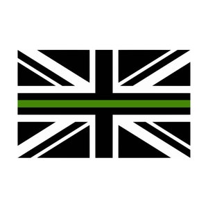 Può includere: Una bandiera britannica in bianco e nero con una sottile striscia verde al centro.