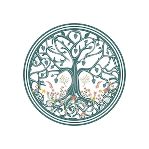 May include: A teal blue circle featuring a white tree of life design. The tree has intricate branches and leaves, and the roots are surrounded by small flowers and mushrooms.