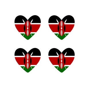 May include: Four heart-shaped stickers featuring the Kenyan flag. The flag is red, black, and green with a white shield in the centre.